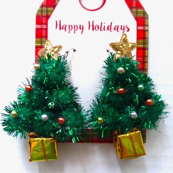 Earrings Christmas Tree Dangle Ornaments Gift Sparkly Deco Statement Fun Pom Pom - Picture 1 of 3